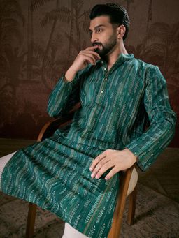 ETHNIC BAY - Men Silk Blend Teal Floral Kurta with Pyjama