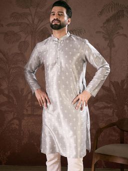 ETHNIC BAY - Men Silk Blend Grey Floral Kurta with Pyjama