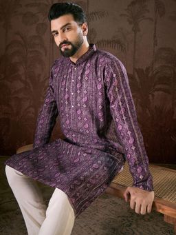 ETHNIC BAY - Men Silk Blend Purple Ethnic Kurta with Pyjama