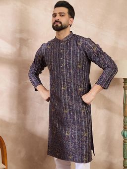 ETHNIC BAY - Men Silk Blend Purple Floral Kurta with Pyjama