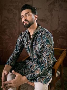 ETHNIC BAY - Men Silk Blend Green Abstract Kurta with Pyjama