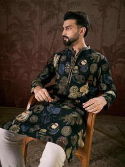 ETHNIC BAY - Men Silk Blend Black Floral Kurta with Pyjama