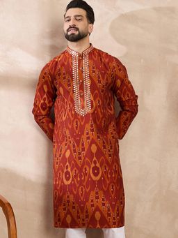 ETHNIC BAY - Men Silk Blend Orange Embroidered Kurta with Pyjama