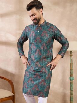 ETHNIC BAY - Men Silk Blend Blue Floral Kurta with Pyjama