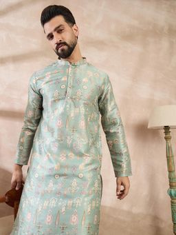 ETHNIC BAY - Men Silk Blend Green Printed Kurta with Pyjama