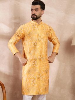 ETHNIC BAY - Men Silk Blend Yellow Printed Kurta with Pyjama