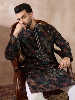ETHNIC BAY - Black Silk Blend Floral Straight Kurta