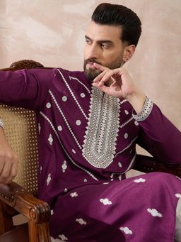ETHNIC BAY - Purple Silk Blend Embroidered Straight Kurta with Pyjama