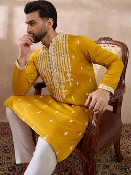 ETHNIC BAY - Yellow Silk Blend Embroidered Straight Kurta with Pyjama