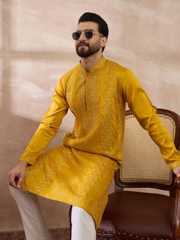 ETHNIC BAY - Mustard Silk Blend Embroidered Straight Kurta with Pyjama