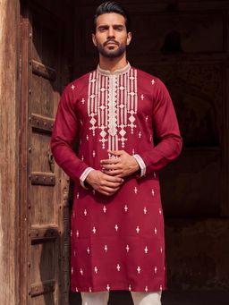 ETHNIC BAY - Men Maroon Silk Blend Embroidered Straight Kurta