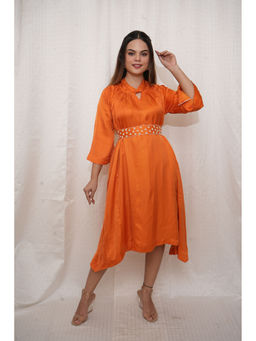 Tasveer India - Women Orange Solid & Sequined Midi Dress with Belt (Set of 2)