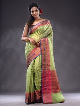 CHARUKRITI - Lime Green Cotton Blend Handwoven Saree With Unstitched Blouse