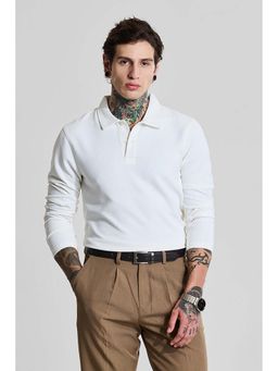 Snitch - White Solid Full Sleeves Slim Casual Polo T-Shirt for Men
