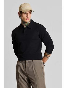 Snitch - Black Solid Full Sleeves Slim Casual Polo T-Shirt for Men