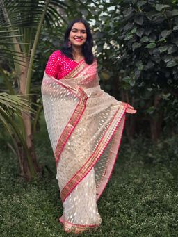 APAAPI THREADS OF GLORY - White Tissue Saree Pink with Unstitched Blouse