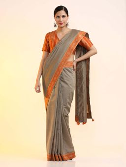Jaipur Kurti - Ready To Wear Chanderi Saree Brown with Unstitched Blouse