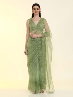 Jaipur Kurti - Ready To Wear Embellished Organza Saree Green with Unstitched Blouse