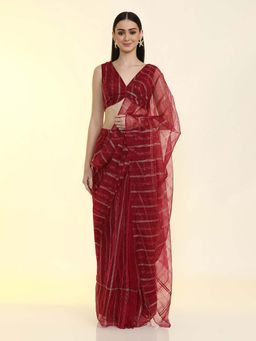 Jaipur Kurti - Ready To Wear Embellished Organza Saree Wine with Unstitched Blouse