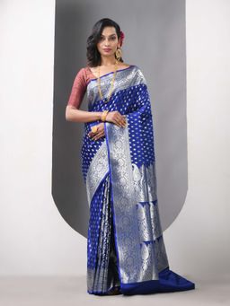 CHARUKRITI - Blue Katan Silk Patli Pallu Banarasi Zari Saree with Unstitched Blouse
