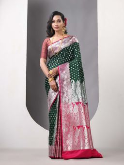 CHARUKRITI - Bottle Green Katan Silk Banarasi Patli Pallu Zari Saree with Unstitched Blouse