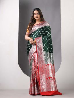 CHARUKRITI - Bottle Green Katan Silk Banarasi Patli Pallu Zari Saree with Unstitched Blouse