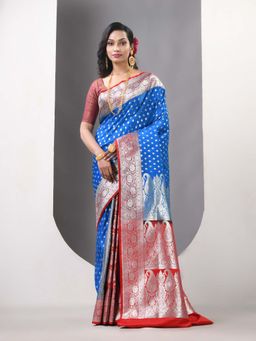 CHARUKRITI - Blue and Red Katan Silk Patli Pallu Banarasi Zari Saree with Unstitched Blouse