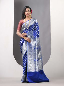 CHARUKRITI - Blue Katan Silk Patli Pallu Banarasi Zari Saree with Unstitched Blouse