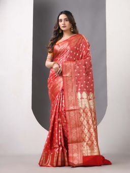 CHARUKRITI - Red Satin Silk Emboss Banarasi Zari Saree with Unstitched Blouse