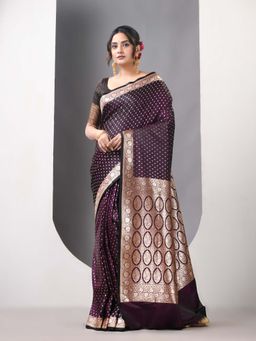 CHARUKRITI - Dark Purple Katan Silk Banarasi Zari Saree with Unstitched Blouse