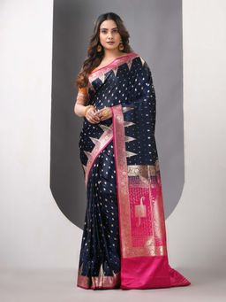 CHARUKRITI - Navy Blue Katan Silk Banarasi Zari Saree with Unstitched Blouse