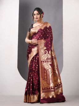 CHARUKRITI - Maroon Katan Silk Banarasi Zari Saree with Unstitched Blouse
