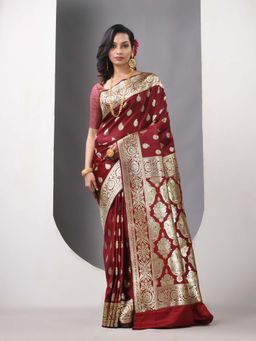 CHARUKRITI - Maroon Katan Silk Banarasi Zari Saree with Unstitched Blouse