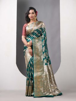 CHARUKRITI - Teal Green Katan Silk Banarasi Zari Saree with Unstitched Blouse