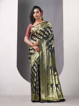 CHARUKRITI - Navy Blue Katan Silk Banarasi Zari Saree with Unstitched Blouse