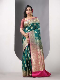 CHARUKRITI - Teal Green Katan Silk Banarasi Zari Saree with Unstitched Blouse