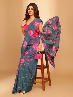 Navyasa By Liva - Navy Liva Crepe Floral Print Saree with Unstitched Blouse