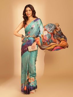 Navyasa By Liva - Sea Green Liva Satin Print Saree with Unstitched Blouse