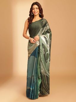 Navyasa By Liva - Black Liva Satin Print Saree with Unstitched Blouse