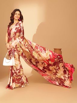 Navyasa By Liva - Light Brown Liva Satin Floral Print Saree with Unstitched Blouse