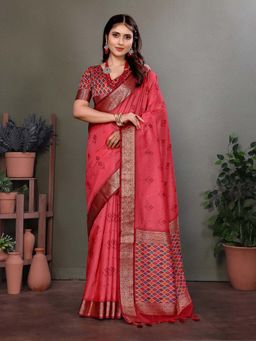 Elora - Soft Silk Woven Designed Patola Saree Carrot Red with Unstitched Blouse