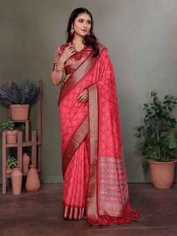Elora - Soft Silk Geometric Designed Patola Saree Carrot Red with Unstitched Blouse