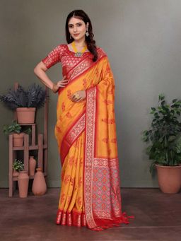Elora - Soft Silk Floral Designed Patola Saree Orange with Unstitched Blouse