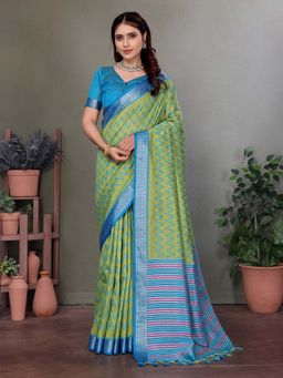 Elora - Soft Silk Zig Zag Pattern Bollywood Saree Parrot Green with Unstitched Blouse