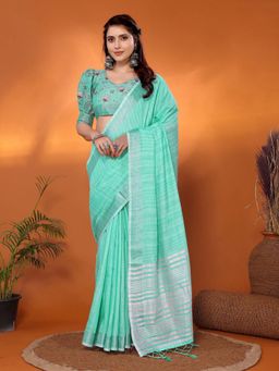 Elora - Pure Linen Bollywood Saree Silver Zari Border Green with Unstitched Blouse