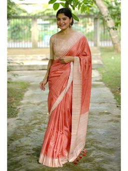 SGF11 - Orange Womens Kanjivaram Tussar Soft Silk Saree with Unstitched Blouse