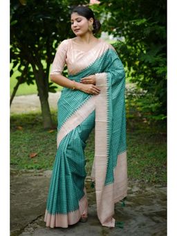 SGF11 - Rama Green Womens Kanjivaram Tussar Soft Silk Saree with Unstitched Blouse