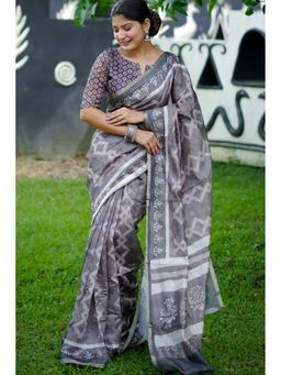 SGF11 - Black Womens Kanjivaram Soft Cotton Linen Silk Saree with Unstitched Blouse