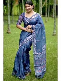SGF11 - Blue Womens Kanjivaram Soft Cotton Linen Silk Saree with Unstitched Blouse