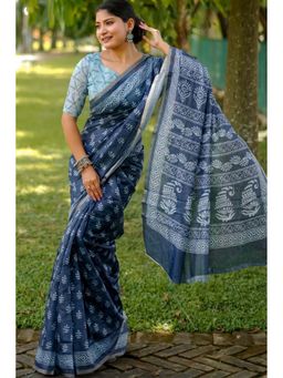 SGF11 - Dark Blue Womens Kanjivaram Soft Cotton Linen Silk Saree with Unstitched Blouse